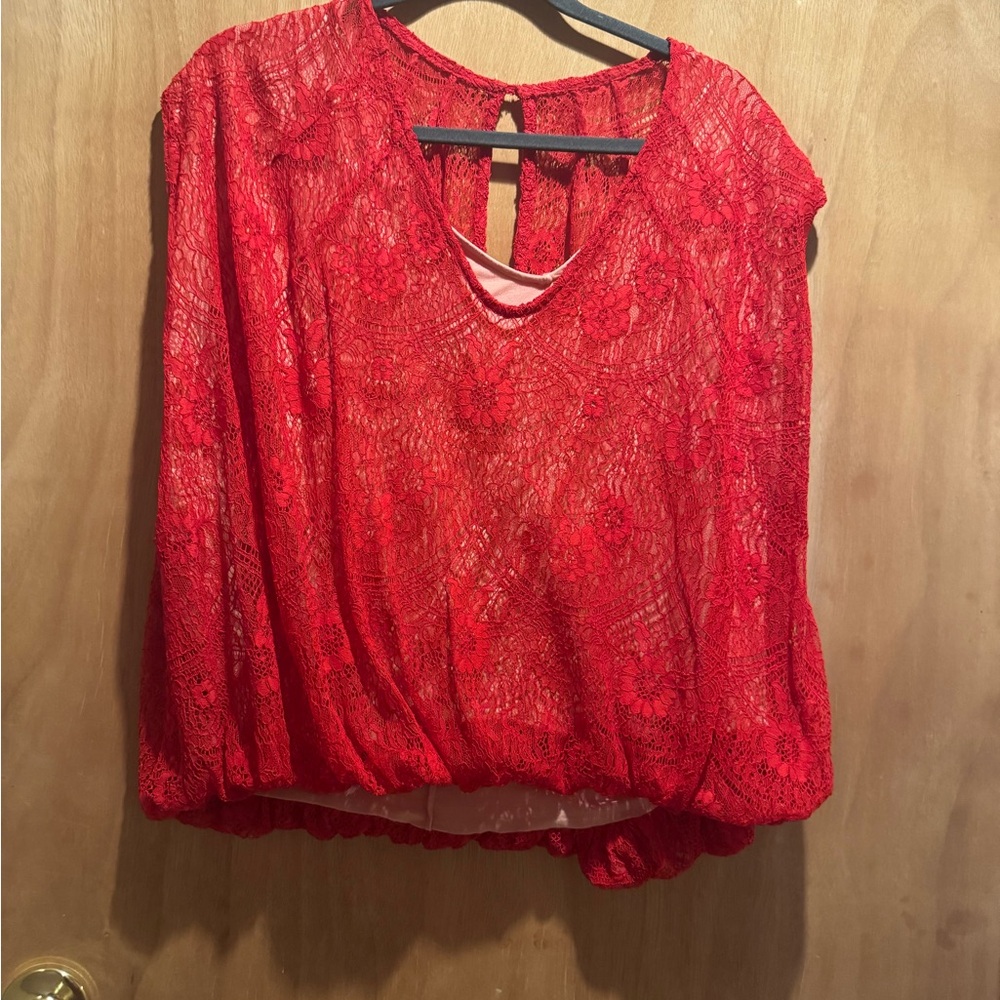 Free People Red Floral Lace V-Neck Blouse